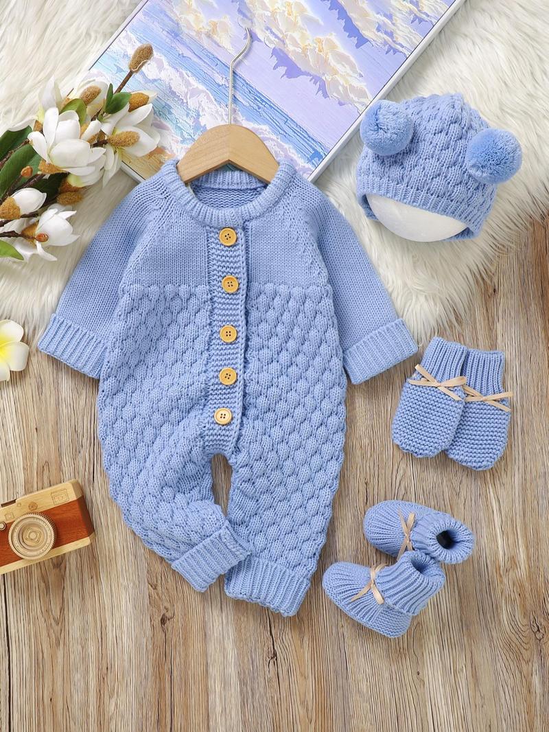 Baby's Button Front Sweater Jumpsuit & Pom Pom Decor Baby Bonnet & Bow Decor Mittens & Knit Baby Shoes Set, Cute Onesies Set for Newborn Infant Kids, Newborn Gift Set, Baby Clothing