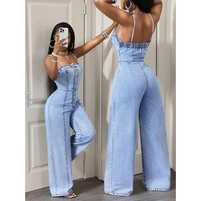 Women's Casual Denim Spaghetti Strap Backless Wide-Leg Jumpsuit, Spring & Fall Fashion, Slim-Fitting Solid Color, Daily Wear