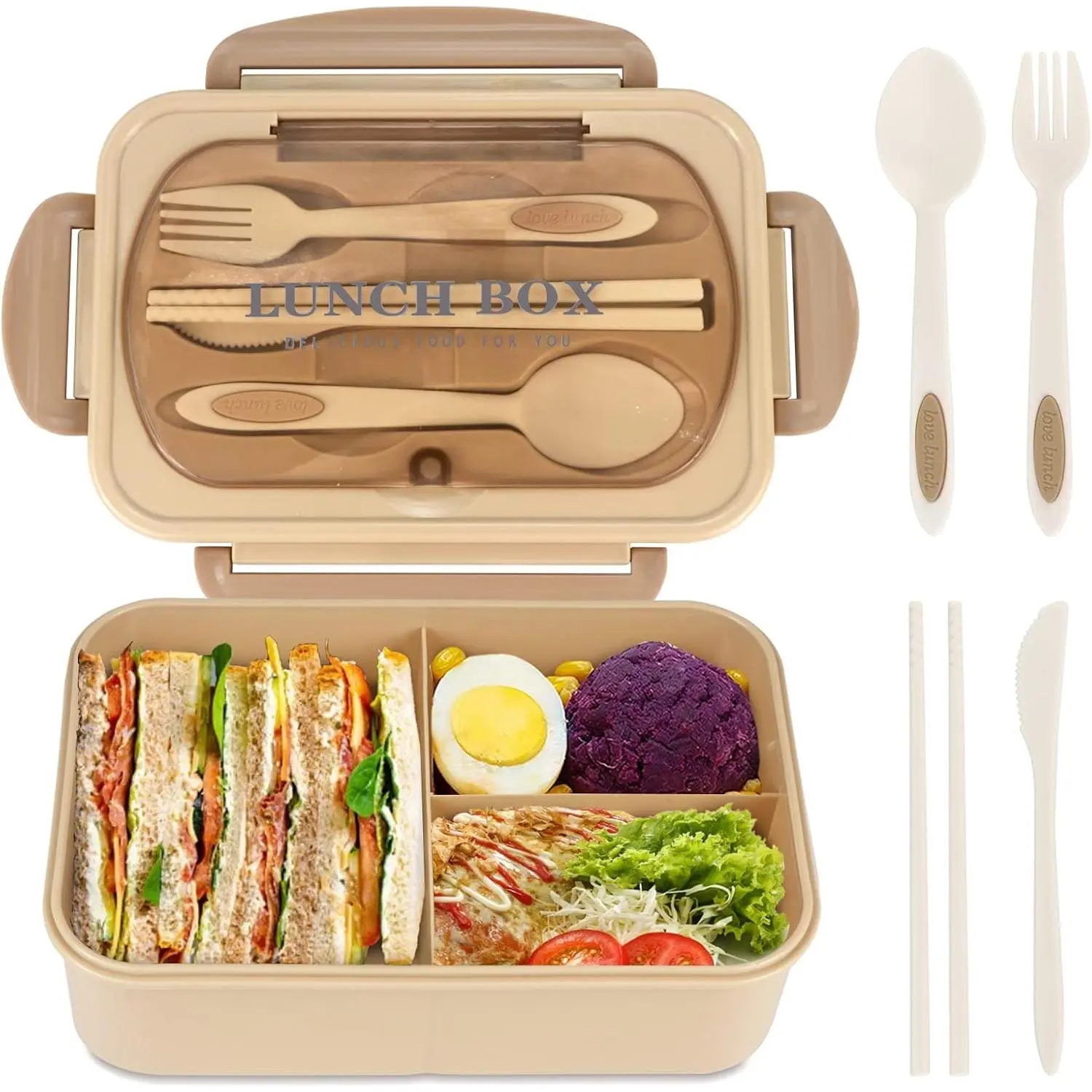 Bento Box for Adult, 1200 ML Lunch Containers, LeakProof Lunch Box with Utensils, , 3 Compartment Bento Box Microwave Safe, Khaki
