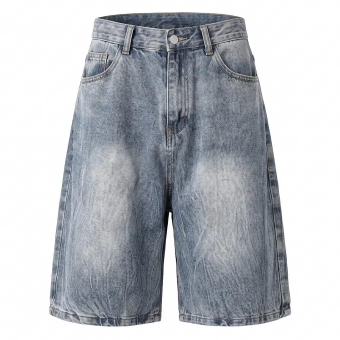 Summer Distressed Washed Straight Denim Shorts For Youth, American Y2K Distressed Gradient Wide-Leg Street Fashion Denim Shorts, Versatile Casual Straight Shorts For Leisure, Commuting, And Skateboarding #   SummerWins