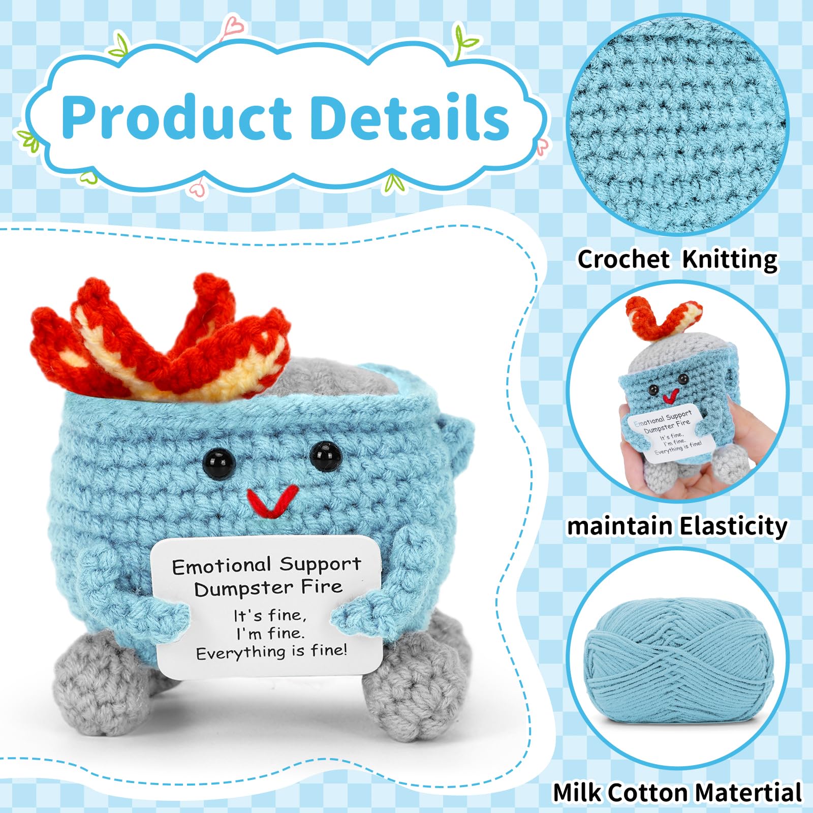 Emotional Support Handmade Crochet Dumpster Fire with Positive Card, Cute Room Decor, Funny Knitted Toys Gifts for Friends, Soft Stuffed Doll