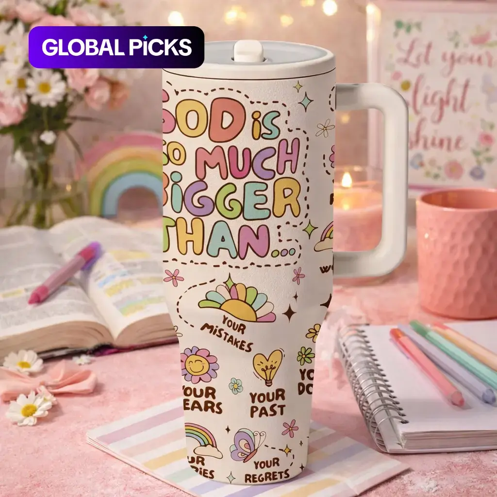1pc 40oz Christian Faith Insulated Coffee Tumbler with Handle & Lid, Insulated Drink Cup, Stainless Steel Vacuum Insulated Travel Tumbler Flasks, "God Is So Much Bigger Than Your Mistakes Fears Past Regrets", Keeps Cold 12H Hot 6H, Gift For Women