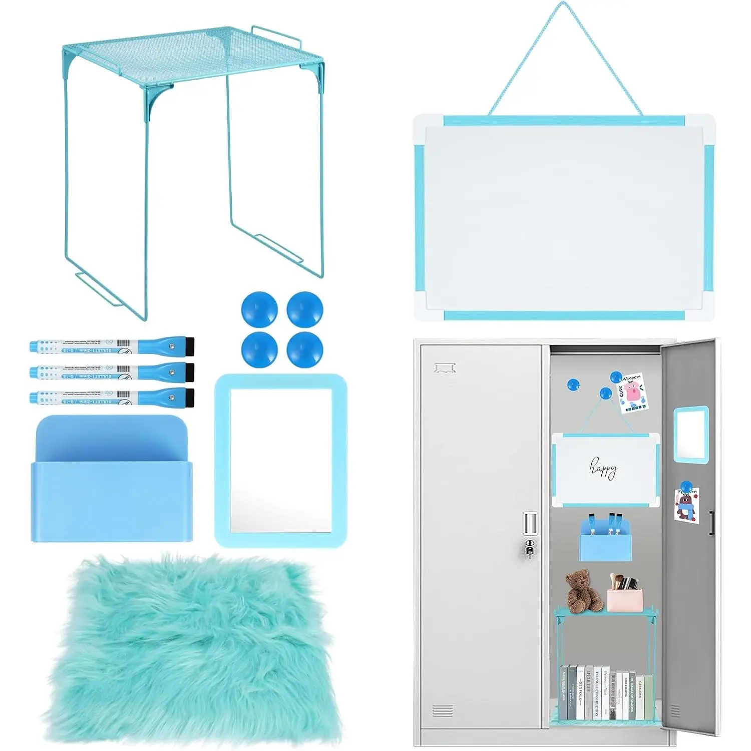 12 count Locker Organizer and Decorating Kit,  of School Essentials for Girl Marble Print Whiteboard with Markers Locker Shelf Plush Area Rug String Light Mirror  Cup and  (Blue)
