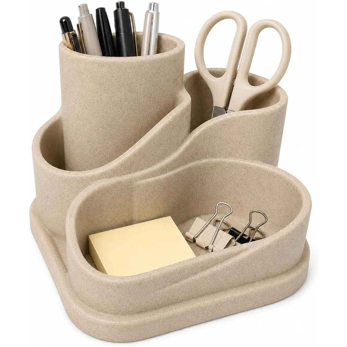 Aesthetic Desk Organizer, Cute Pencil Holder, Boho Office  for Desk | Beige  desk organizer with multiple compartments for pens, pencils, , sticky notes and small office supplies