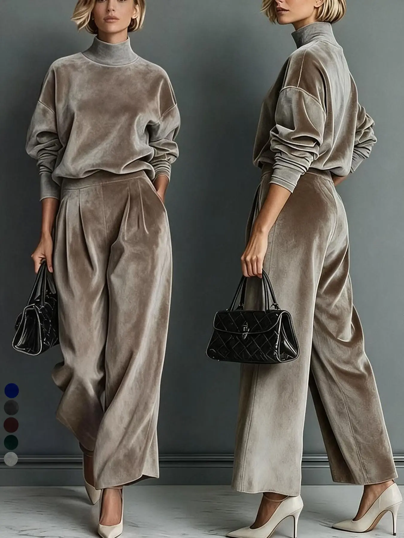 2026 Fall Winter Fashion Women's High Neck Long Sleeve Sweatshirt Set, Elegant Solid Color, Comfortable Wide Leg Pants, Casual Daily Wear