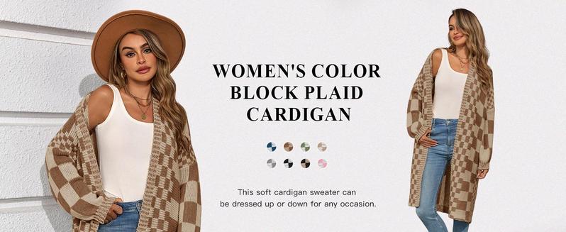 FMEYOA Womens Checkered Long Cardigans Chunky Oversized Open Front Batwing Sleeve Color Block Knit Sweater Coats