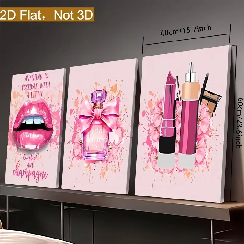 3P Pink Makeup Perfume Lips Framed Wood Canvas Wrap Set, Glam Decorative Hanging Wall Art, Floral Lipstick Vanity Decor for Bedroom Salon Home Gift, Paintings