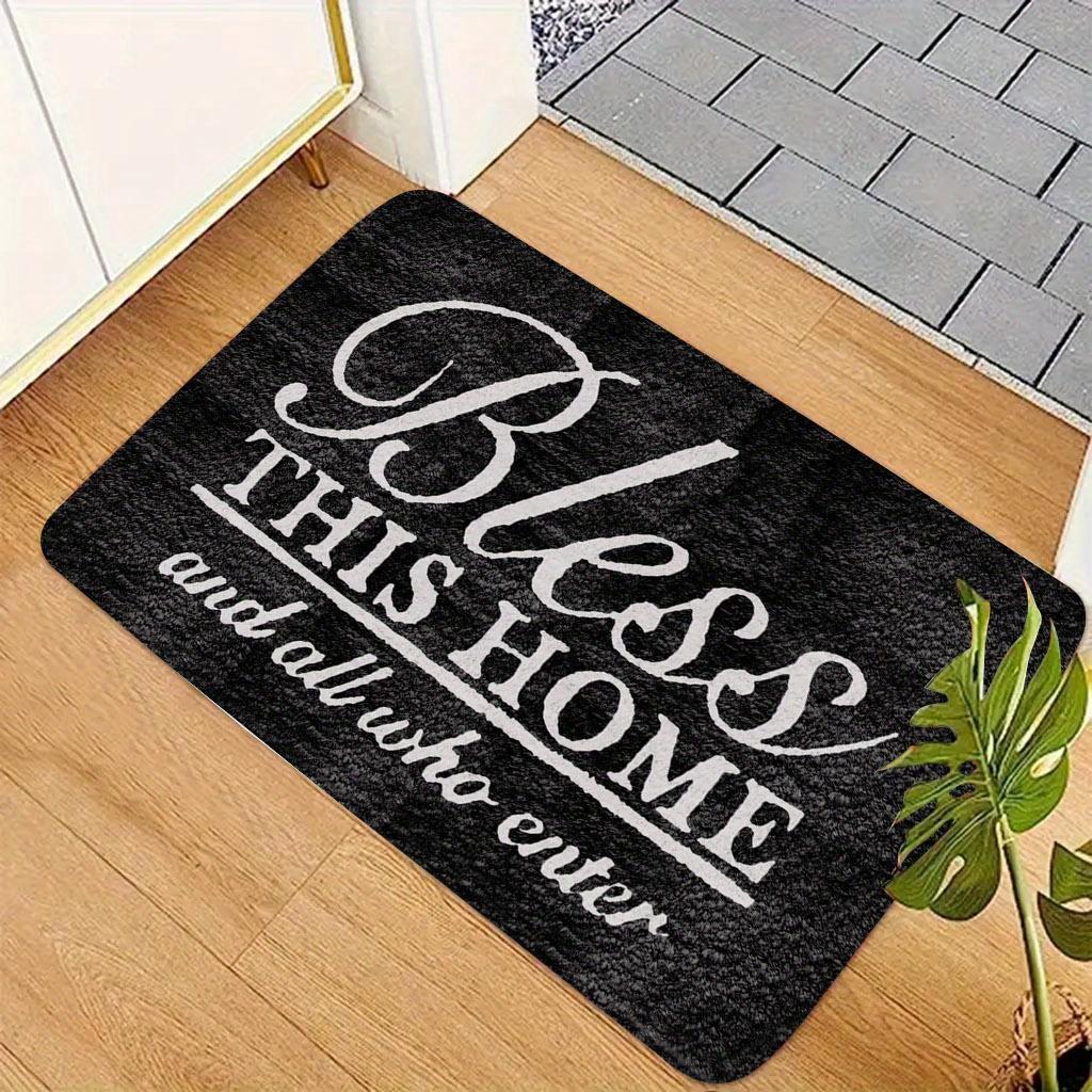 "Bless This Home & All Who Enter" Non-Slip Door Mat - Machine-Washable Indoor/Outdoor Mat with PVC Backing, Black & White Holiday Design for Entryway, Living Room, Bedroom, Kitchen, Entryway Decor, Elegant Script Style, Durable Floor Covering