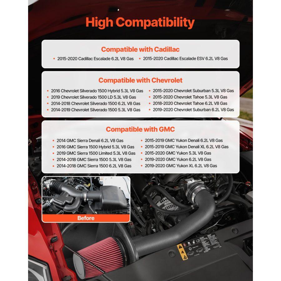 VEVOR Cold Air Intake, 3.5 Inch Cold Air Intake System+ Heat Shield Compatible with 2014-2018 Chevy Silverado/GMC Sierra, 2015-2020 Cadillac Escalade 6.2L, High Flow Filter Kit Improved Horsepower