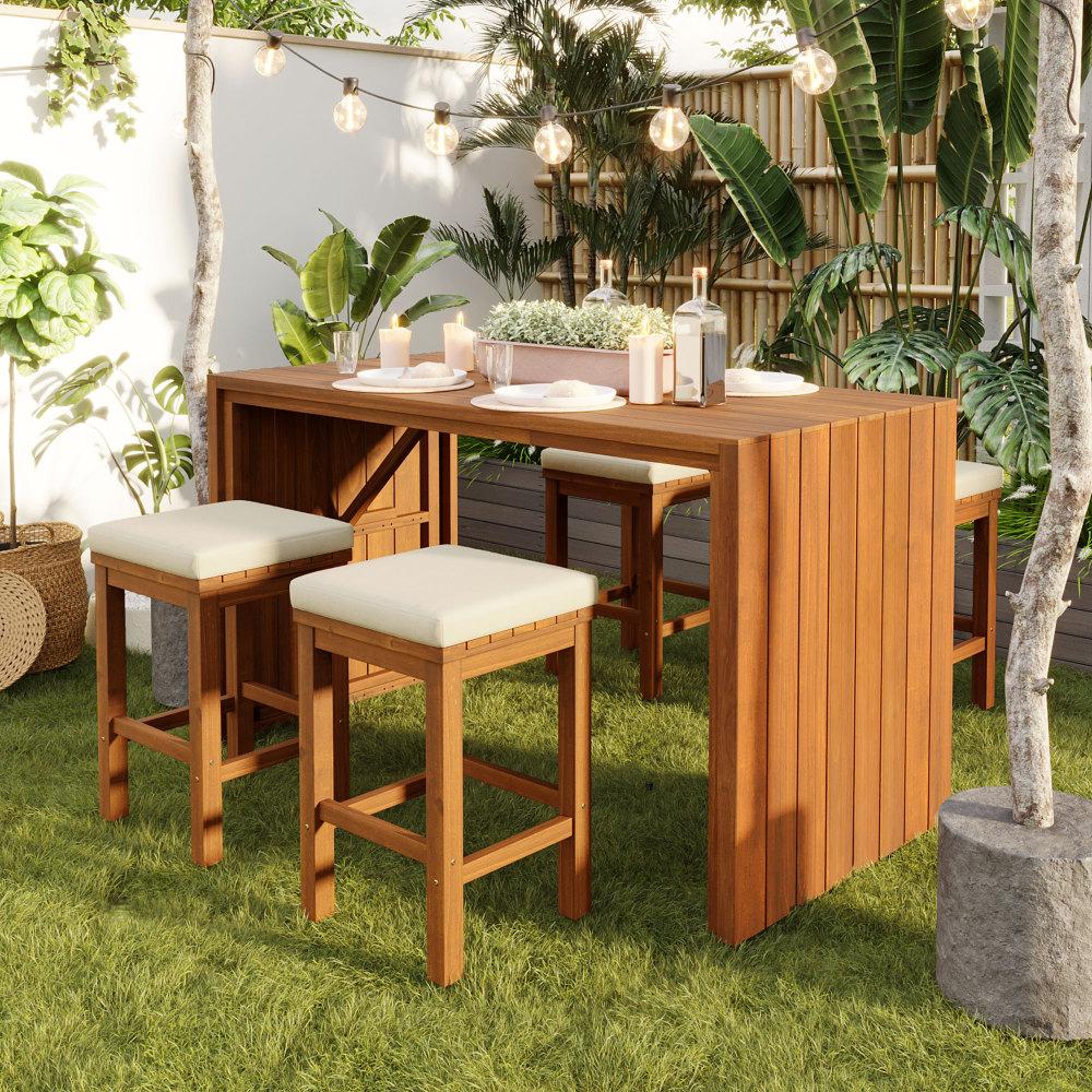 5 Piece Outdoor Bar Set, Patio Acacia Wood Bar Height Table & Four Stools with Cushions, Wood Dining Bar Set for Backyard, Poolside, Balcony, Beige Cushion and Natural Wood