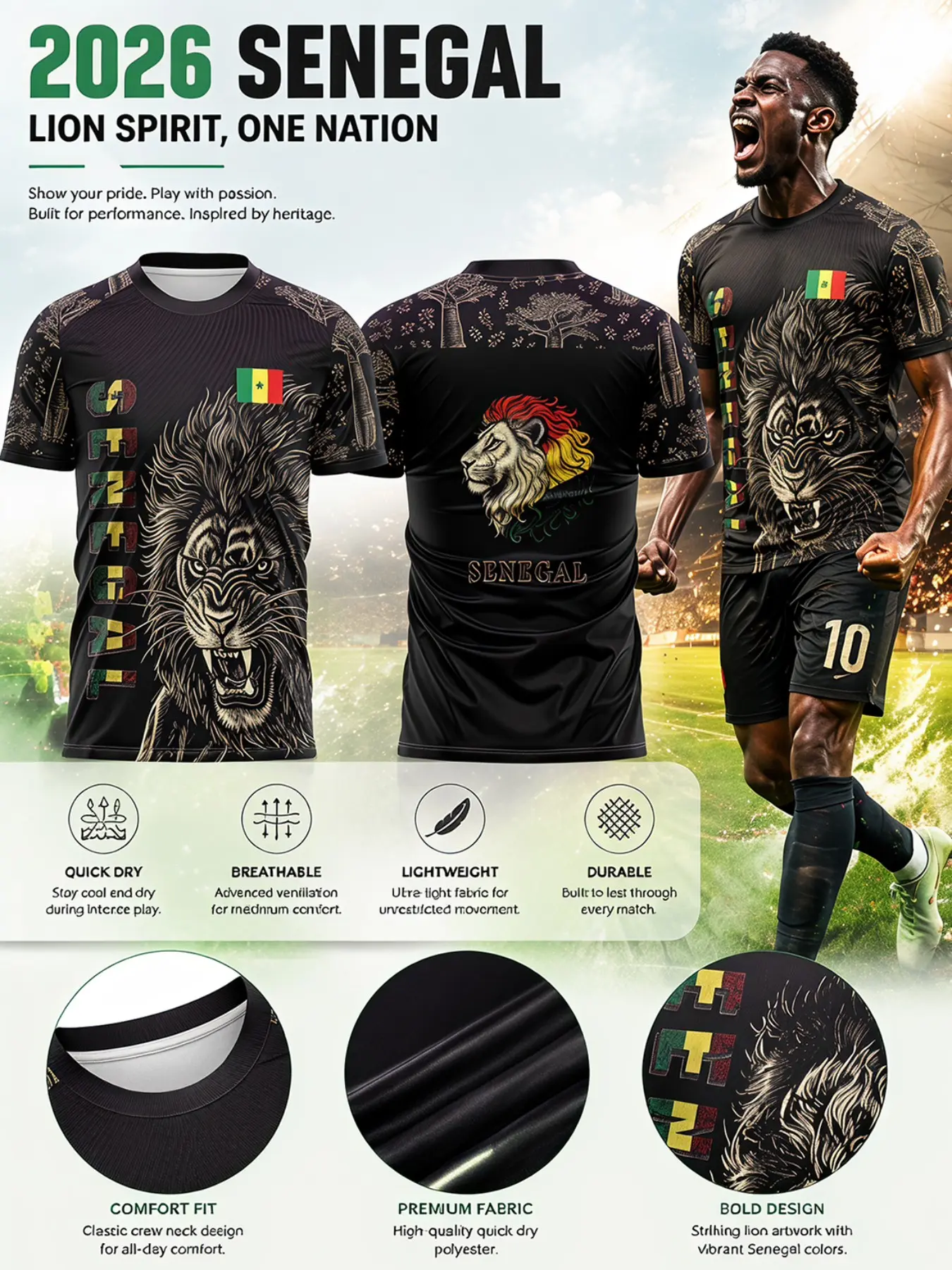 2026 Senegal Football Jersey, Tribal Bread Tree Sleeves, Lightweight Breathable Fabric, Slim Fit, Quick Dry, All Seasons