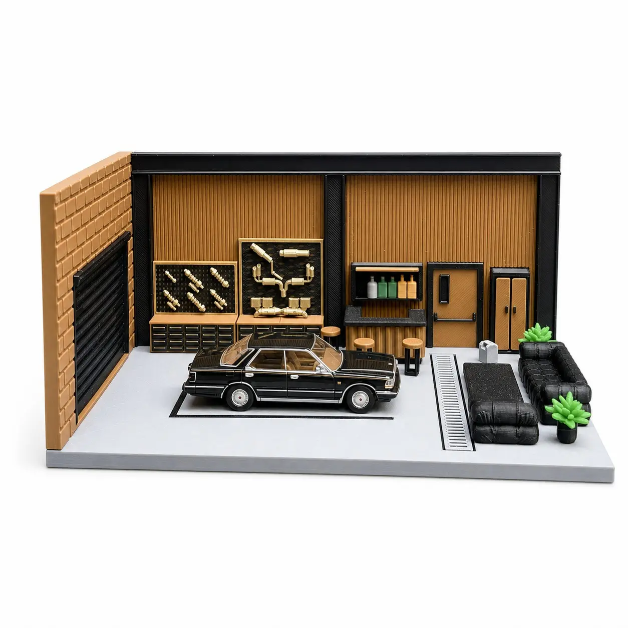 Brown and Black 1:64 Miniature Garage Diorama Display Set for Model Cars, Workshop Scene Accessories, Car Not Included