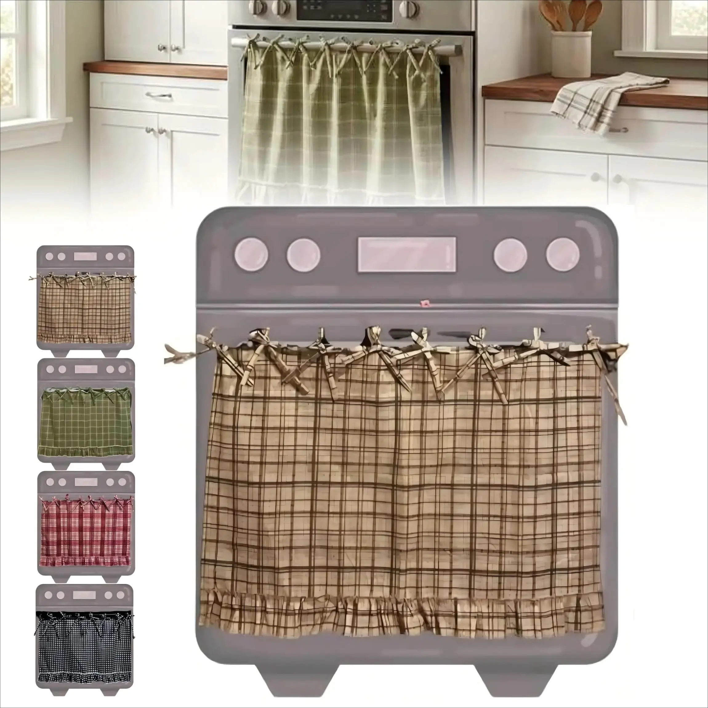 Handmade Oven Skirt Window Curtain Panels Cotton Blend Stove Cover Skirt with Lace Trim Embroidery Ruffled Oven Door Curtain with Ribbon Ties Rustic Farmhouse Kitchen Decor Home Decoration Curtain Beige Linen
