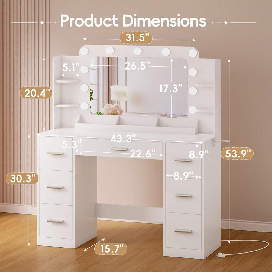 Makeup Vanity Desk With Mirror & Lights, Large Vanity With 7 Drawers & 4 Storage Shelves