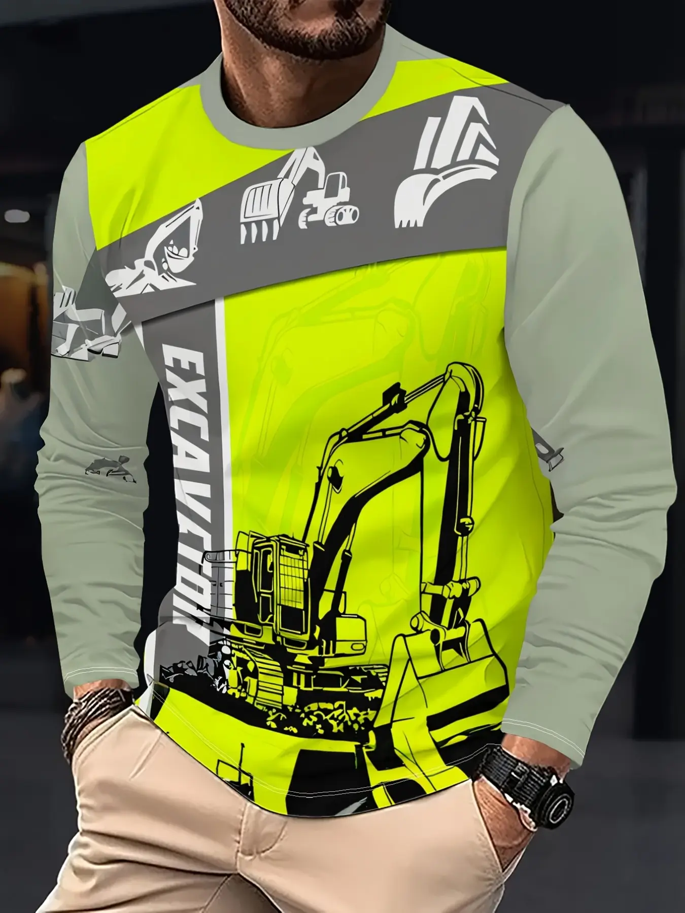 Men's Long Sleeve Casual Top, All over Print, Slim-Fitting, Breathable, Fluorescent, Daily Wear, Construction Worker