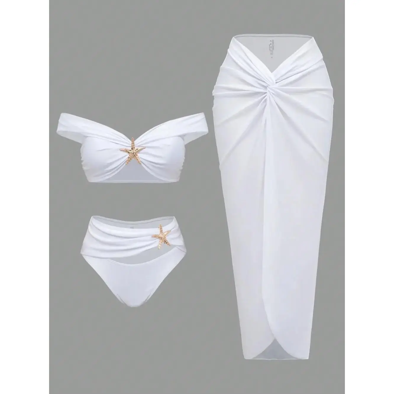 2026 New Women's 3-Piece Starfish Print Two-Piece Bikini Set with Long Mesh Cover Up Dress
