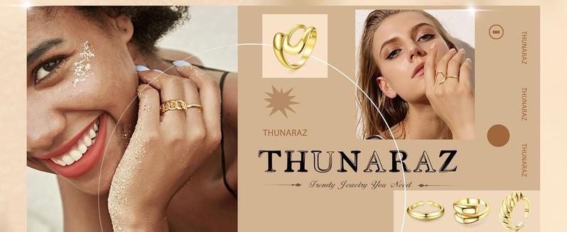 THUNARAZ 12 Pcs Chunky 16K Gold Plated Golden Rings for Women Men Adjustable Open Elegant Rings Twisted Round Signet Rings for Gift Size 6-7 Open Stackable Rings Elegant Noble Twisted Round Signet Rings Gifts for Christmas