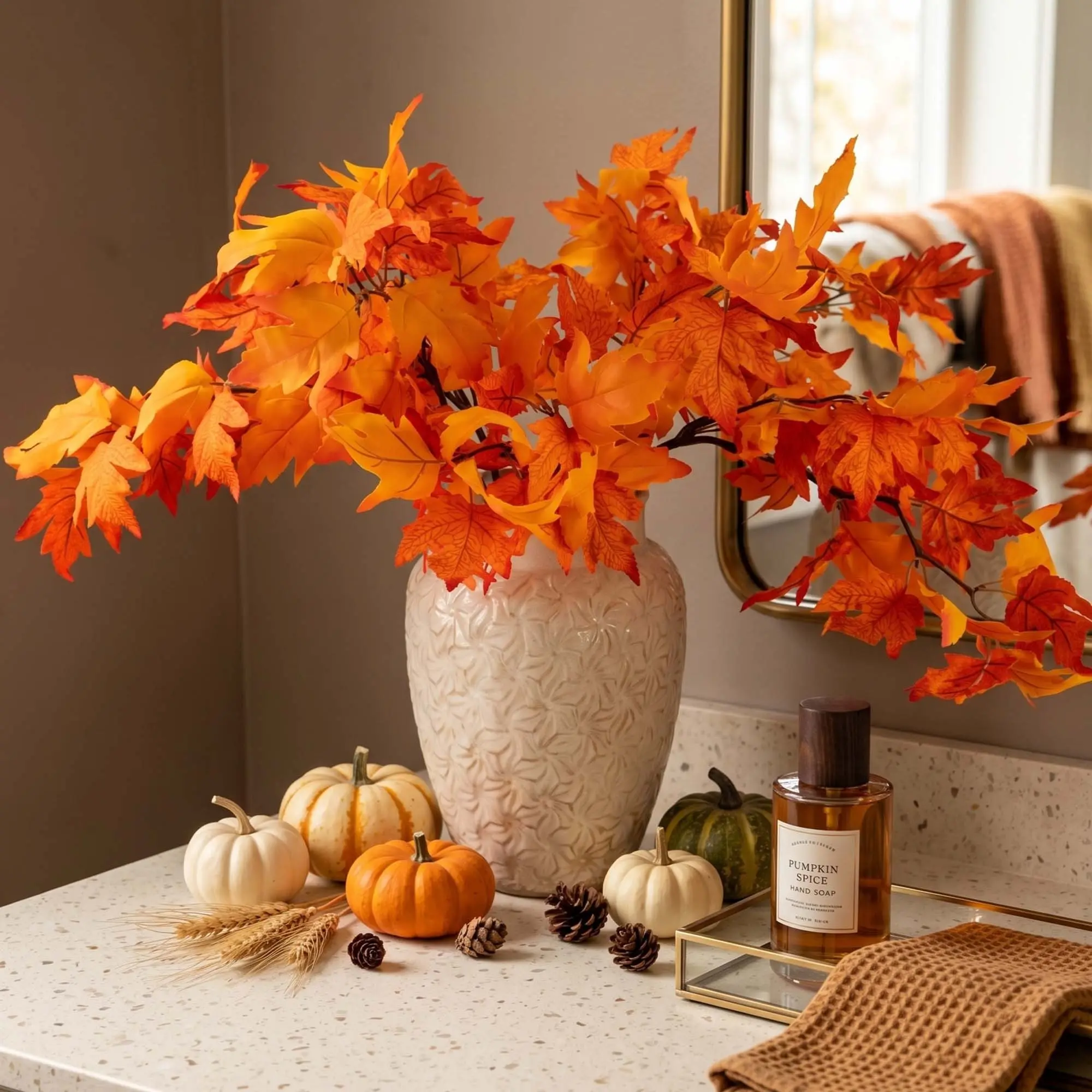 5 Pcs Fall Leaves Stem Artificial Orange Flowers Maple Leaves BranchesPlants Fake Autumn Stem for Vase Home Farmhouse Thanksgiving Table Centerpiece Fireplace Halloween Décor Artificial Flower Decor