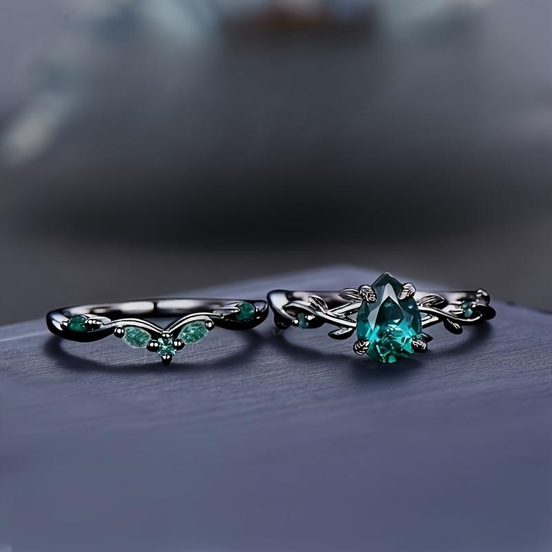 925 Sterling Silver Elegant Gothic Black Ring with Synthetic Emerald Grape Pear Design, Birthday Stone, Christmas Theme, Suitable for Daily and Party Occasions, Seasonal Jewelry Gifts