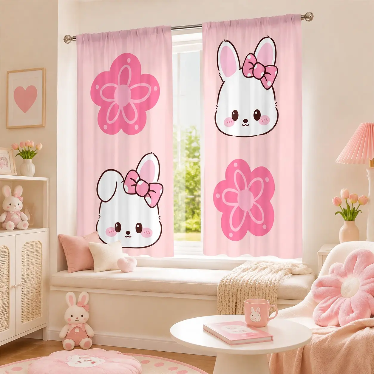 2 Pcs Bow Rabbit Floral Curtains, Cute Bunny Head with Large Flowers, Sweet Style for Girls' Bedroom, Princess Room Decor