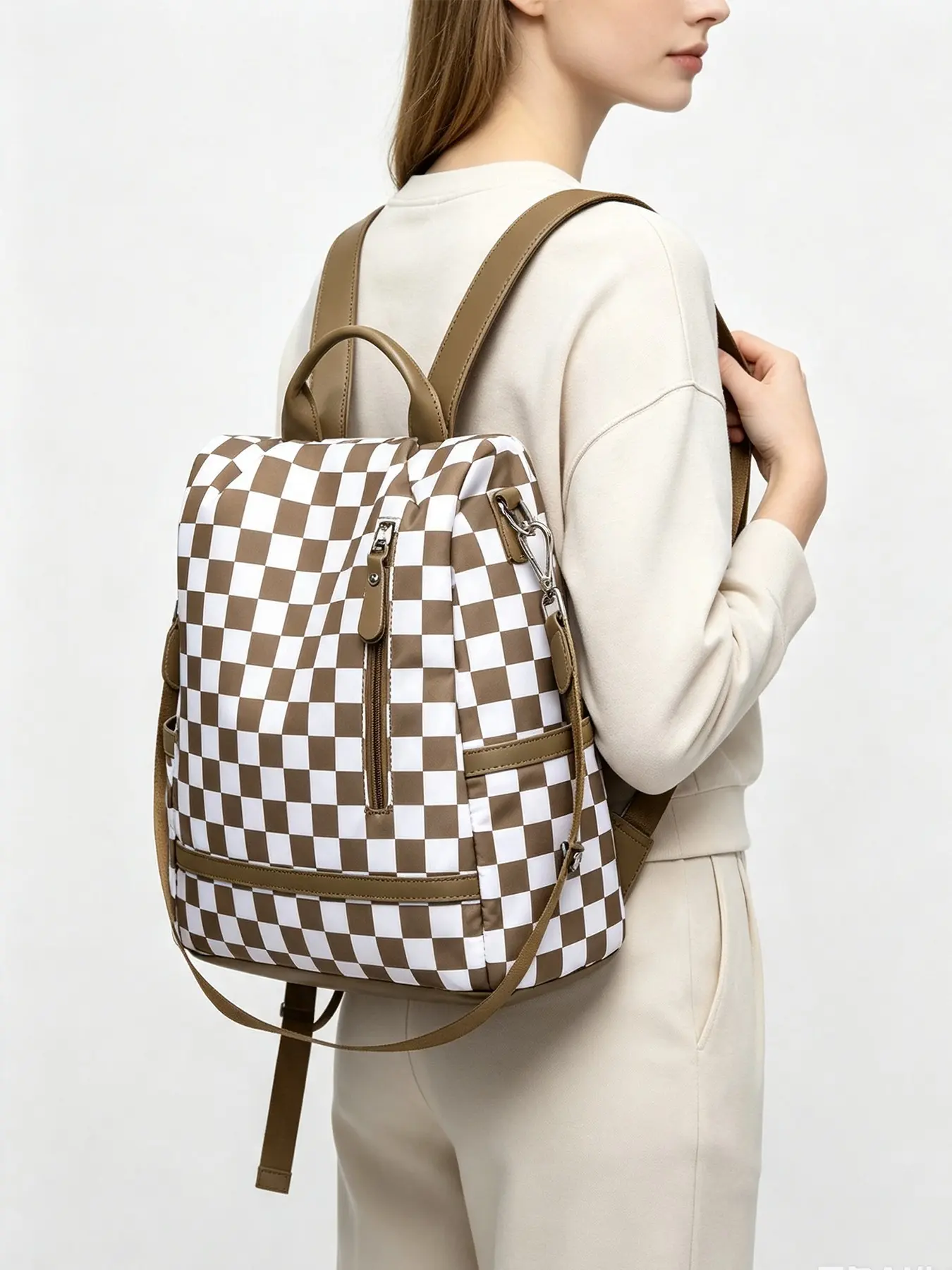 1pcClassic chessboard pattern multifunctional backpack, smooth zipper with large capacity, handheld versatile bag, detachable shoulder strap, multiple carrying options for crossbody backpack, casual daily bag for school and travel