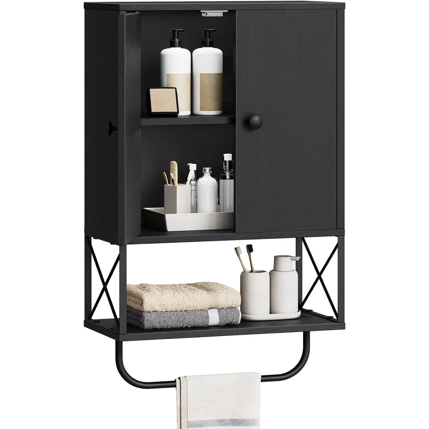 Bathroom Wall Cabinet, Medicine Cabinet with Adjustable Shelf & Towel Rack, Over the Toilet Storage Cabinet with 2 Doors for Bathroom Laundry Room Kitchen Living Room, 7.9"D x 15.0"W, Black