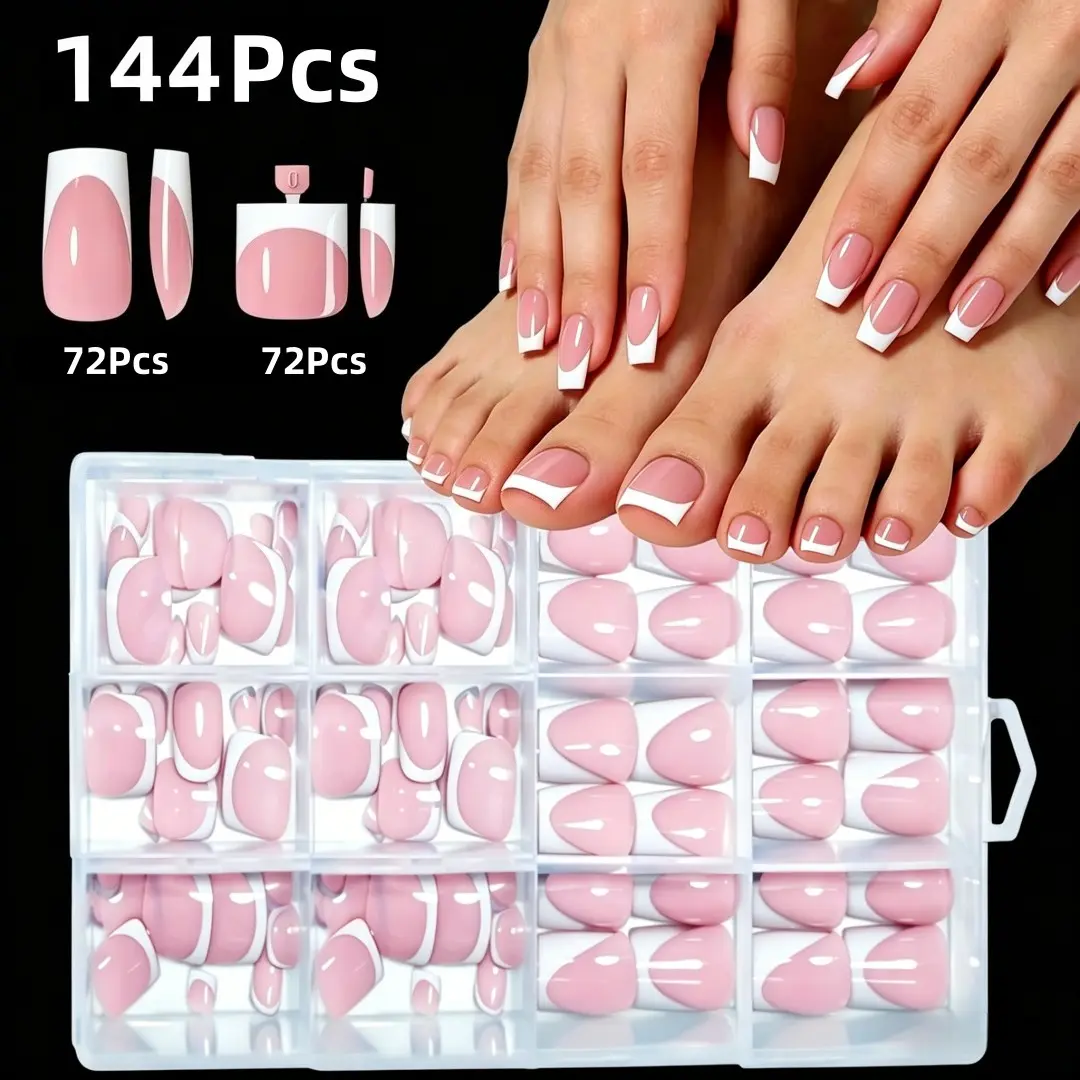 144pcs Short/Long Square Hand And Foot Press On Nail Combination Set, Pink, Nude and White Nail Tips Combination Set, Suitable For All Women And Girls Design Nails, 12 Size Suitable For Everyday Wear Press On Nails