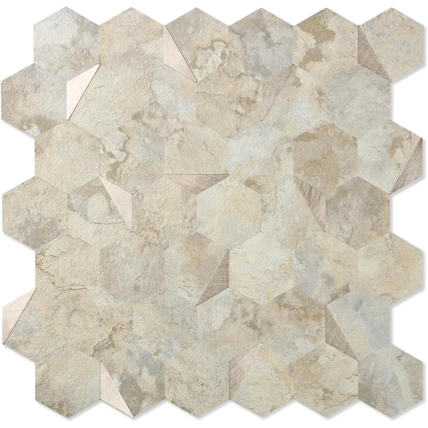 10-Sheet Heavy-Duty Hexagon Peel and Stick Backsplash, Thick  &Heat Resistant Stick  Wall Tiles, Ecru Beige Stone Mosaic for Kitchen & Bathroom,  Adhesive Permanent PVC Tiles