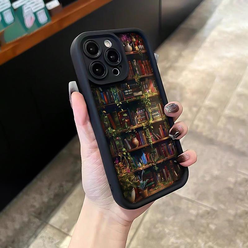 Phone case:Black Creative Bookshelf Book Pattern Anti-Drop Phone Case, Compatible with iiPhone 17 E Air Pro ProMax iPhone16 15 14 Plus 13 12 Mini 11 X XS XR, Aesthetic Black Phone Case, Birthday Gift for Boyfriend/Girlfriend, Cartoon Gift for Him and Her