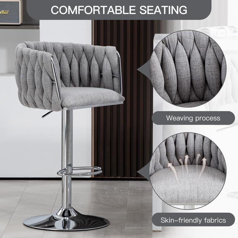 [Bellemave]360° Fabric cover Swivel Bar Stools Set of 2, Adjustable Counter Height Bar Chairs with Woven Back & Footrest,Silver chromed  Bar Stools for Kitchen Island, Cafe, Pub (Gray)