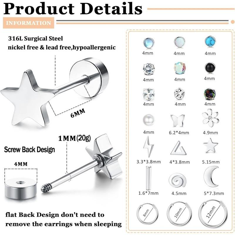 FIBO STEEL 21 Pairs Surgical Steel Flat Back Earrings Hypoallergenic 20G Screw Back Cartilage CZ Stud Earring Stacks Piercing Jewelry for Women - Cubic Zirconia Grillz