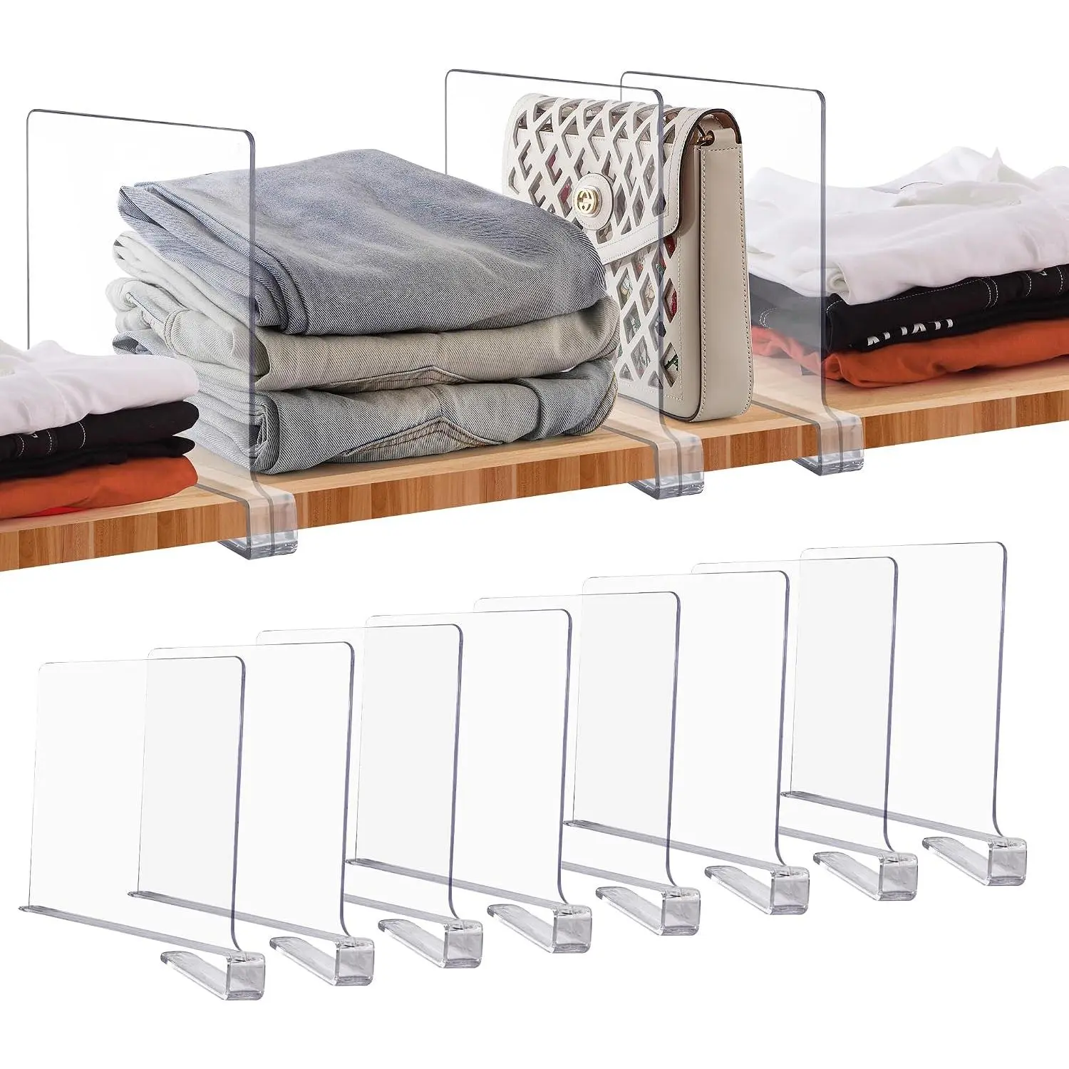 8 Pack Acrylic Clear Shelf Dividers for Closets Organizer and Storage Adjustable Vertical Wood Shelf Closet Separators for Clothes,Book,Bags in Bedroom and Kitchen
