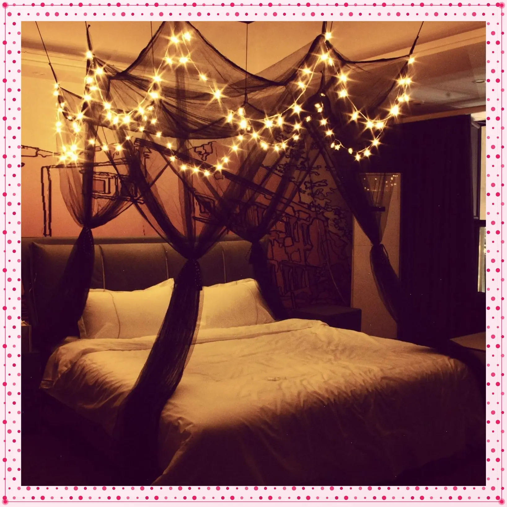 8 Corner Bed Canopy with 100 LED Star String Lights Battery Operated, Black 4 Door Square Canopy Bed Curtains for Twin Full Queen King BedGift