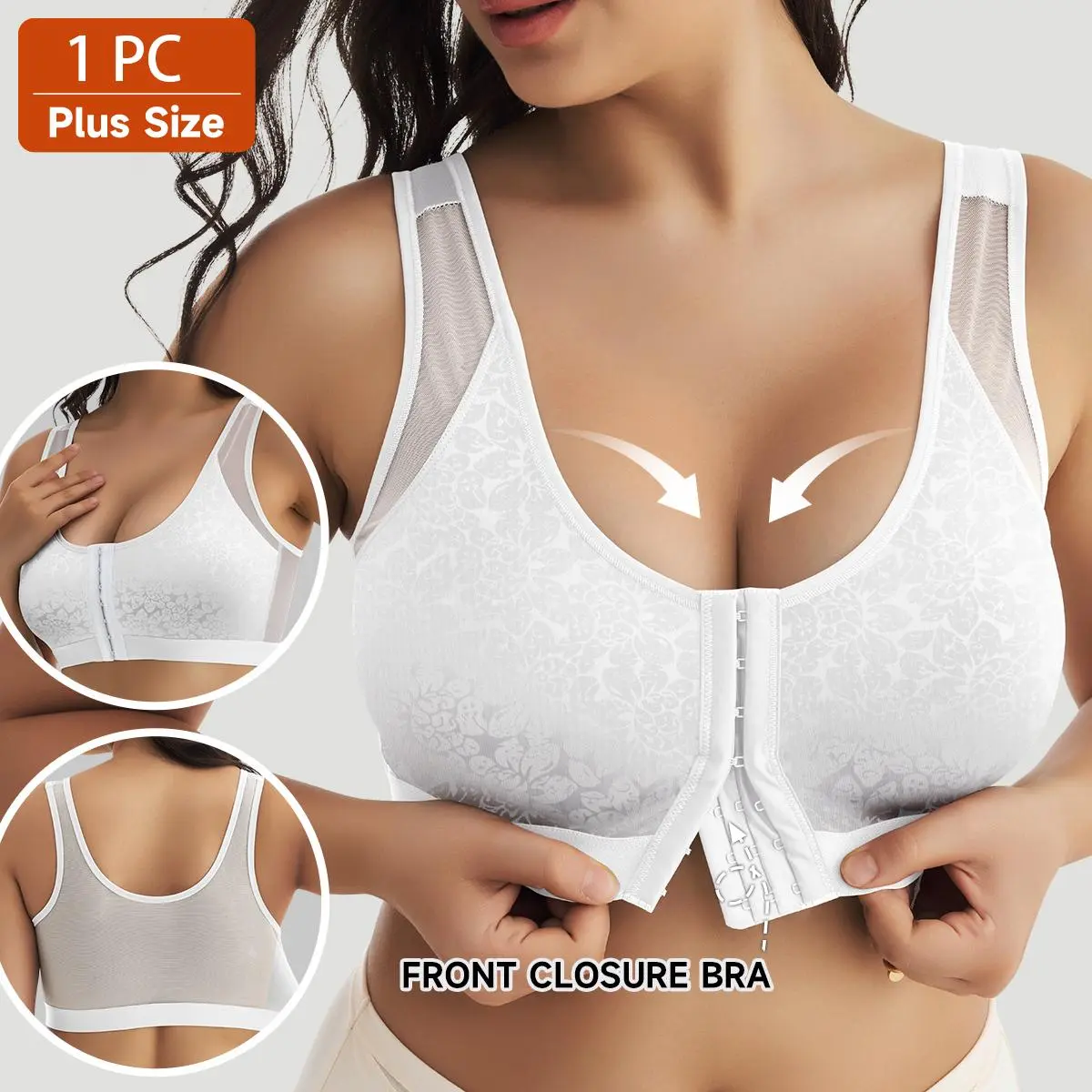 QUASTI Single Pack Plus Size Front Closure Bra for Women Floral Jacquard Pattern Wirefree Full Coverage Support Bra Wide Mesh Shoulder Straps Comfort Sleep Everyday Bra