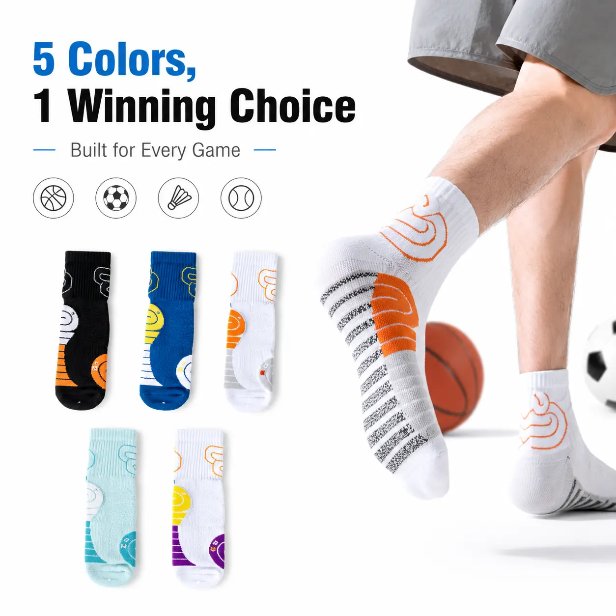 Women's Adult Female Figure-Flattering Elastic Sport Long Thigh-High Compression Stockings (10-Pack: 5 Blue Pairs), Large, 20-30 mmHg, Moisture-Wicking, Breathable, Anti-Odor, Grip Elastic, Circulation-Boost, Casual, Machine-Washable High-Quality Fabric