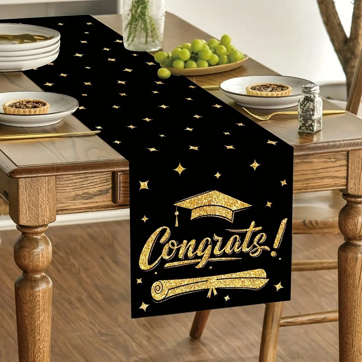 Graduation Theme Table Flag, Polyester Gold Table Runner, Grad Party Table Decor, Centerpiece with Cap and Diploma Elements