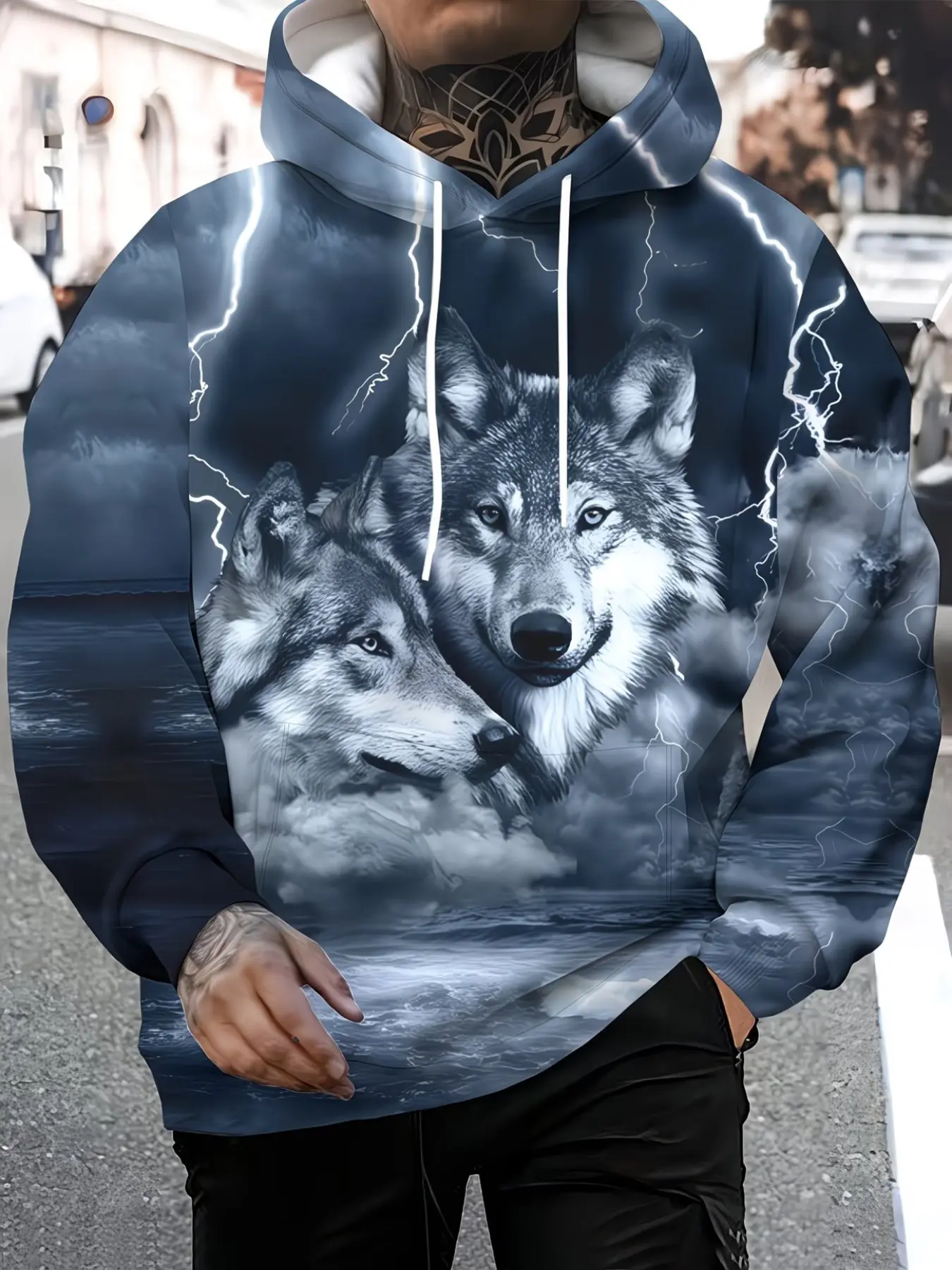 Men's Fashion Hooded Sweatshirt, Siberian Wolf Print, Long Sleeve, Casual, Comfortable, Soft, Ideal for Daily Wear, All Seasons