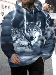 Men's Fashion Hooded Sweatshirt, Siberian Wolf Print, Long Sleeve, Casual, Comfortable, Soft, Ideal for Daily Wear, All Seasons