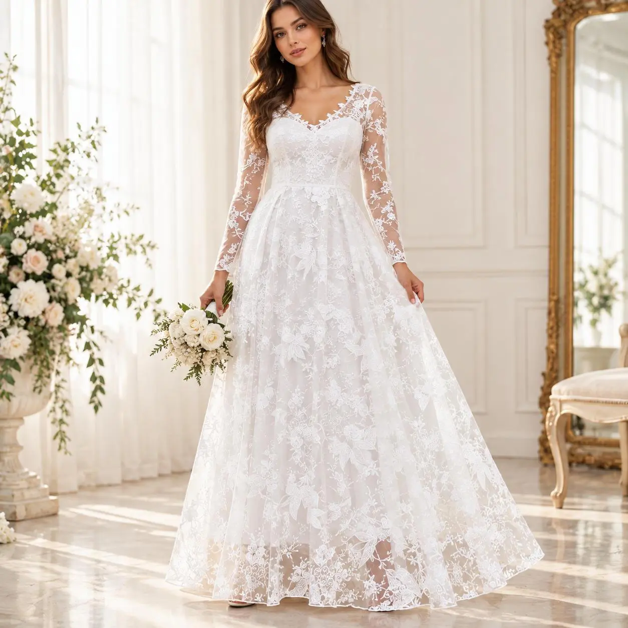 Women Off Shoulder Long Sleeve Bridal Long Wedding Gown, Elegant Long Formal Dress, Slimming Design, For Wedding, Photoshoot & Dinner Party