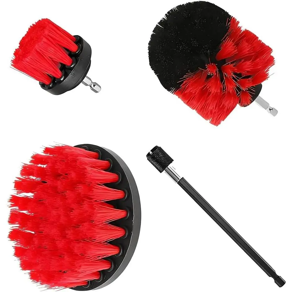 4 count/Set  Drill Brush Attachment Set,  Drill Scrub Brushes Kit with Extended Long Rod, Automotive Power Cleaning  Accessories,  for SUV, Sedan,  (Red)