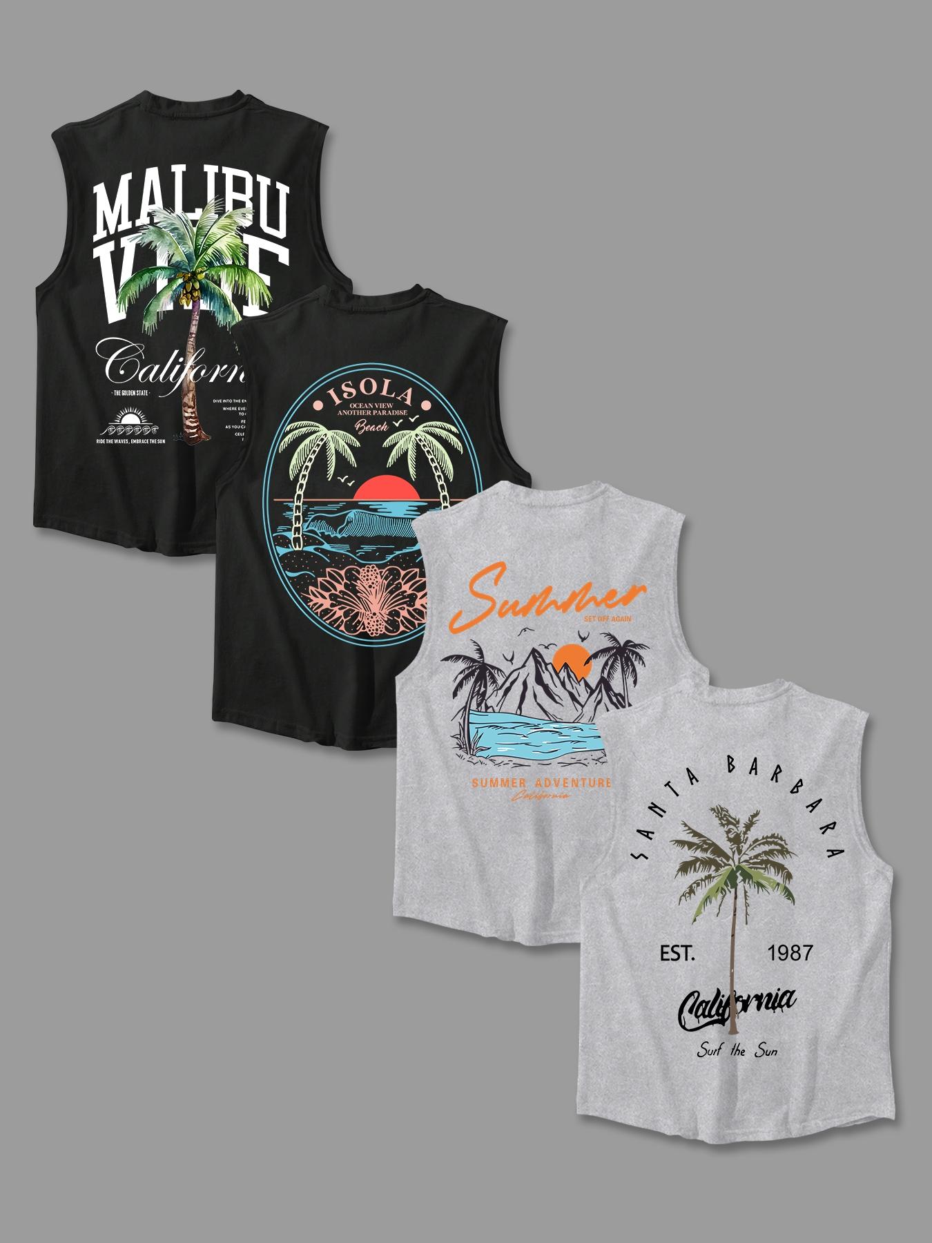 Men's Letter & Tropical Print Round Neck Tank Top, Regular Fit Casual Sleeveless Crew Neck Vest for Summer, Men's Top for Daily Wear, Sleeveless Tank Tops