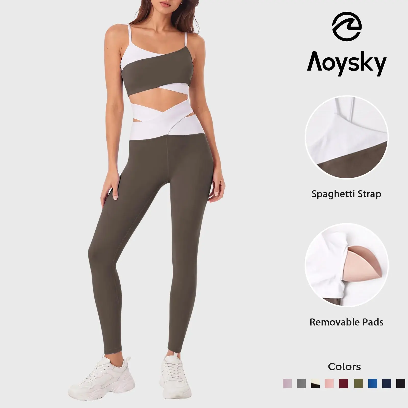Aoysky Women's Workout Sets, 2-Piece Fitness Clothing with Padded Sports Bras & Crossover High-Waisted Leggings, Gym Workout Sportswear, Athleisure Activewear, Compression Sportswear Set, Female