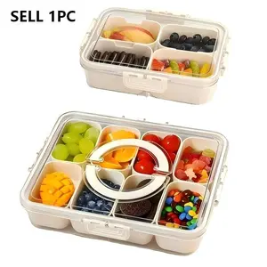 4/8 Compartment Transparent Snack Organizer Box with Lid & Handle, Plastic Kitchen Sealed Container, Portable Fruit Candy Nut Tray, Ideal for Travel Camping, Clear, Fruit Storage Containers