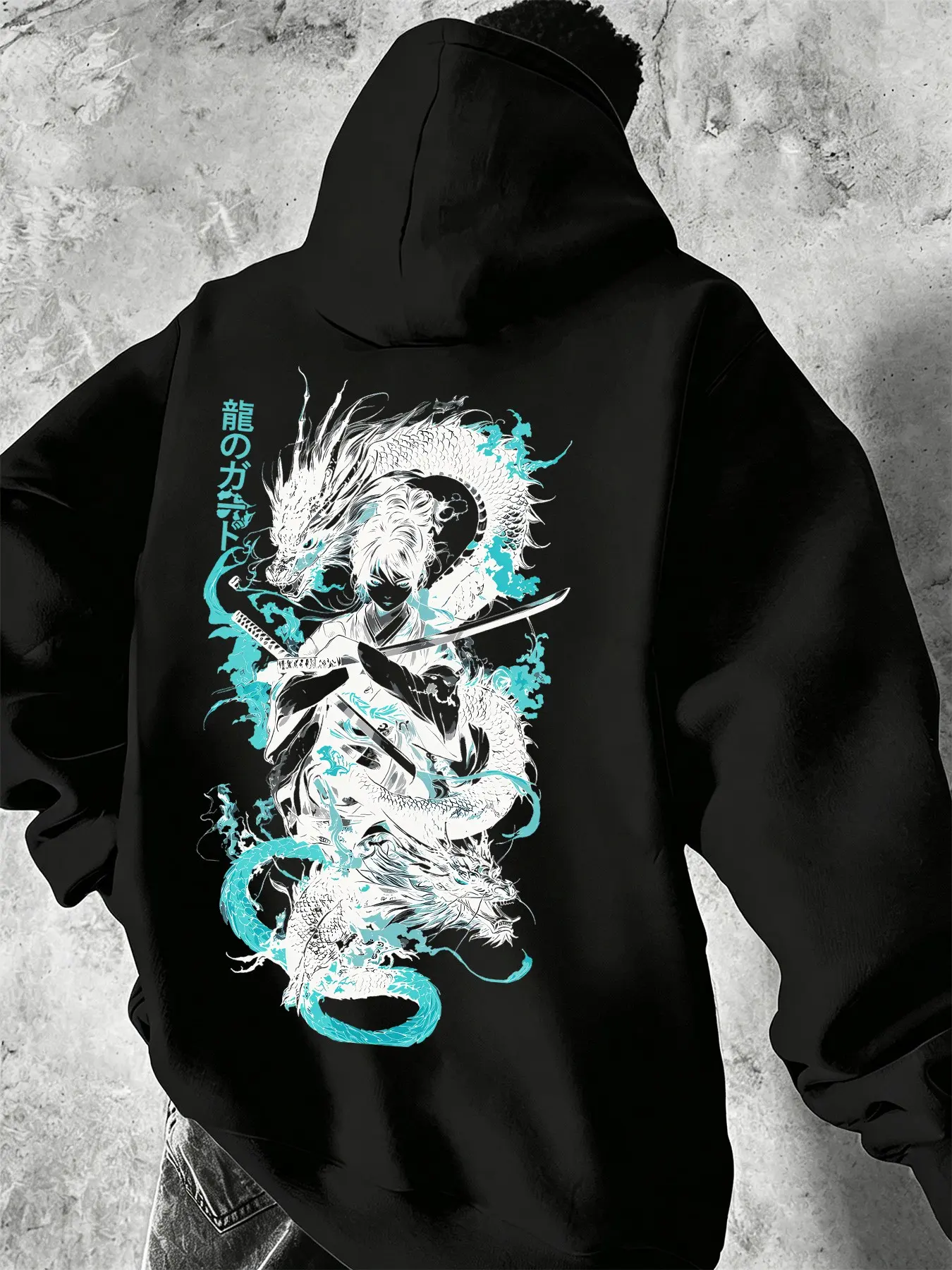 Mcd Oversized Fleece Pullover Hoodie Unisex, Cyan Ink Samurai Girl Print, Japanese Anime Streetwear, Fall Winter Casual Sweatshirt