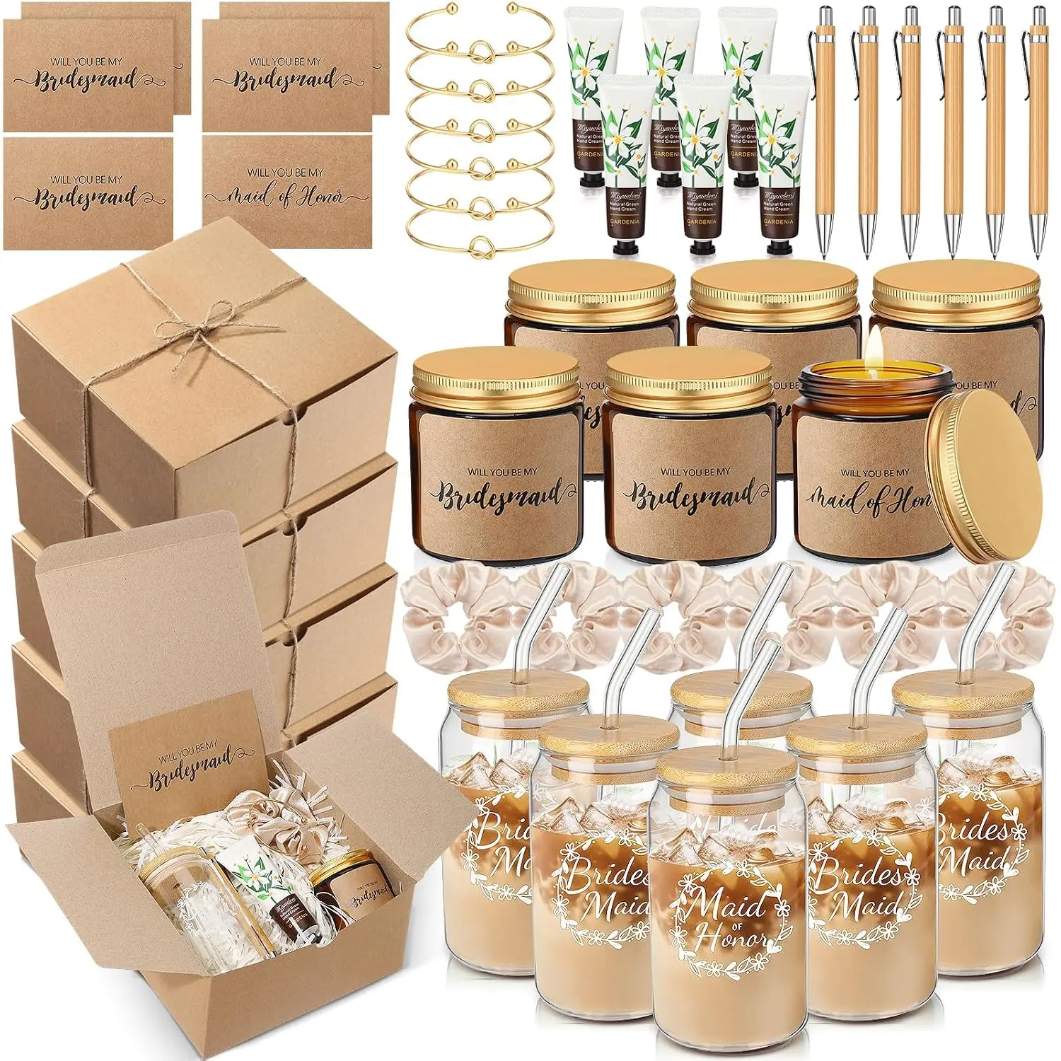 60-Count Wedding Bridesmaid Proposal Gift Pack, Brown Bridesmaid Box Set with Box, Glass Cup, Scented Candle, Light Accent, Cards, Hair Ties, Knotted Bracelets, Hand Cream, Pens