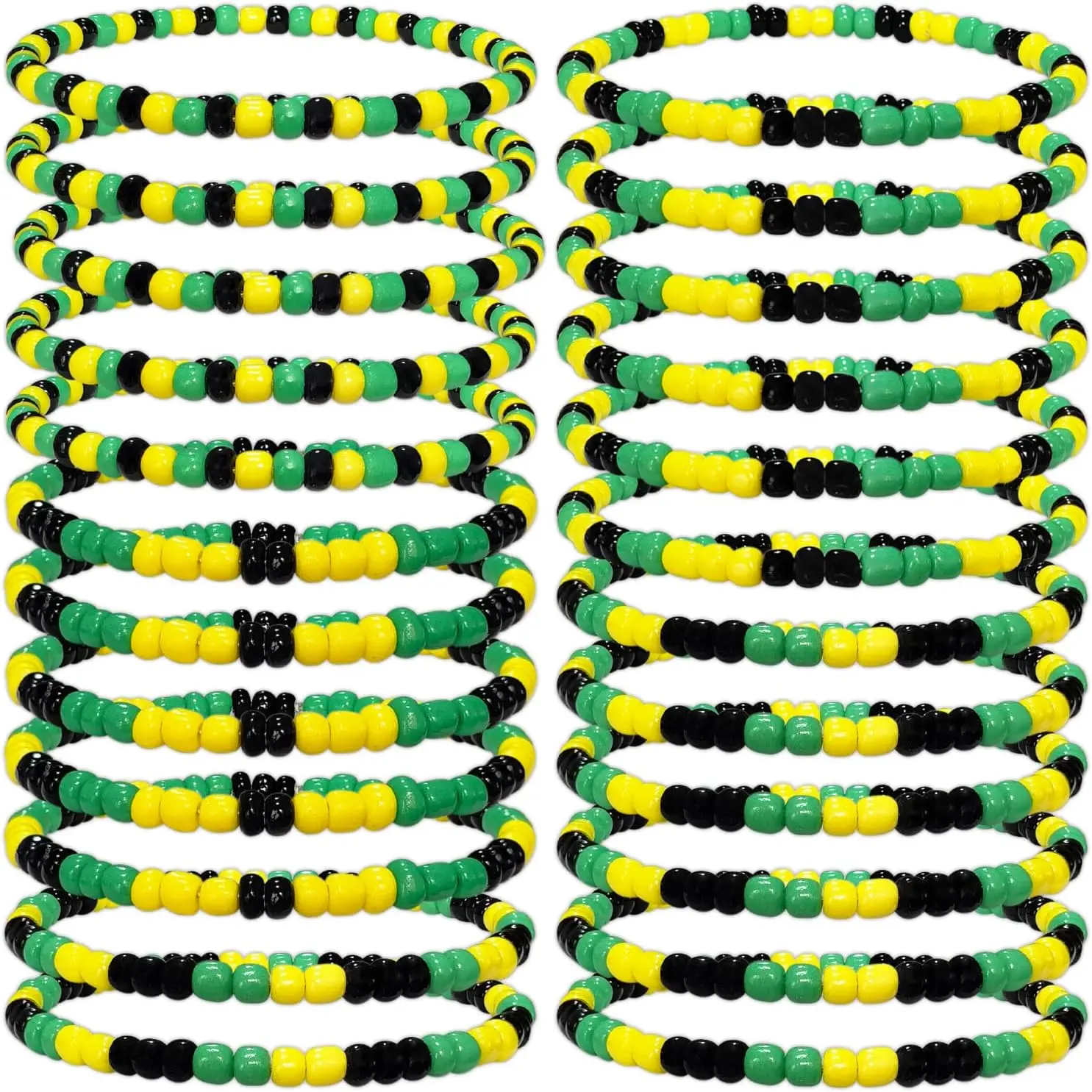 Synthetic Modern Jamaican Flag Colors Beaded Bracelets, 24-Count Set - Jamaica Independence Day Patriotic Party Favors, Goodie Bag Fillers for Event Birthdays