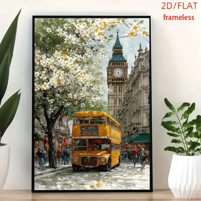 frameless London Spring Bus Street View Poster Art Decor Print Poster, Wall Art for Living Room, Bedroom, Office, Dining Room & Bar, Perfect Gift & Home Decor, 12in x 16in
