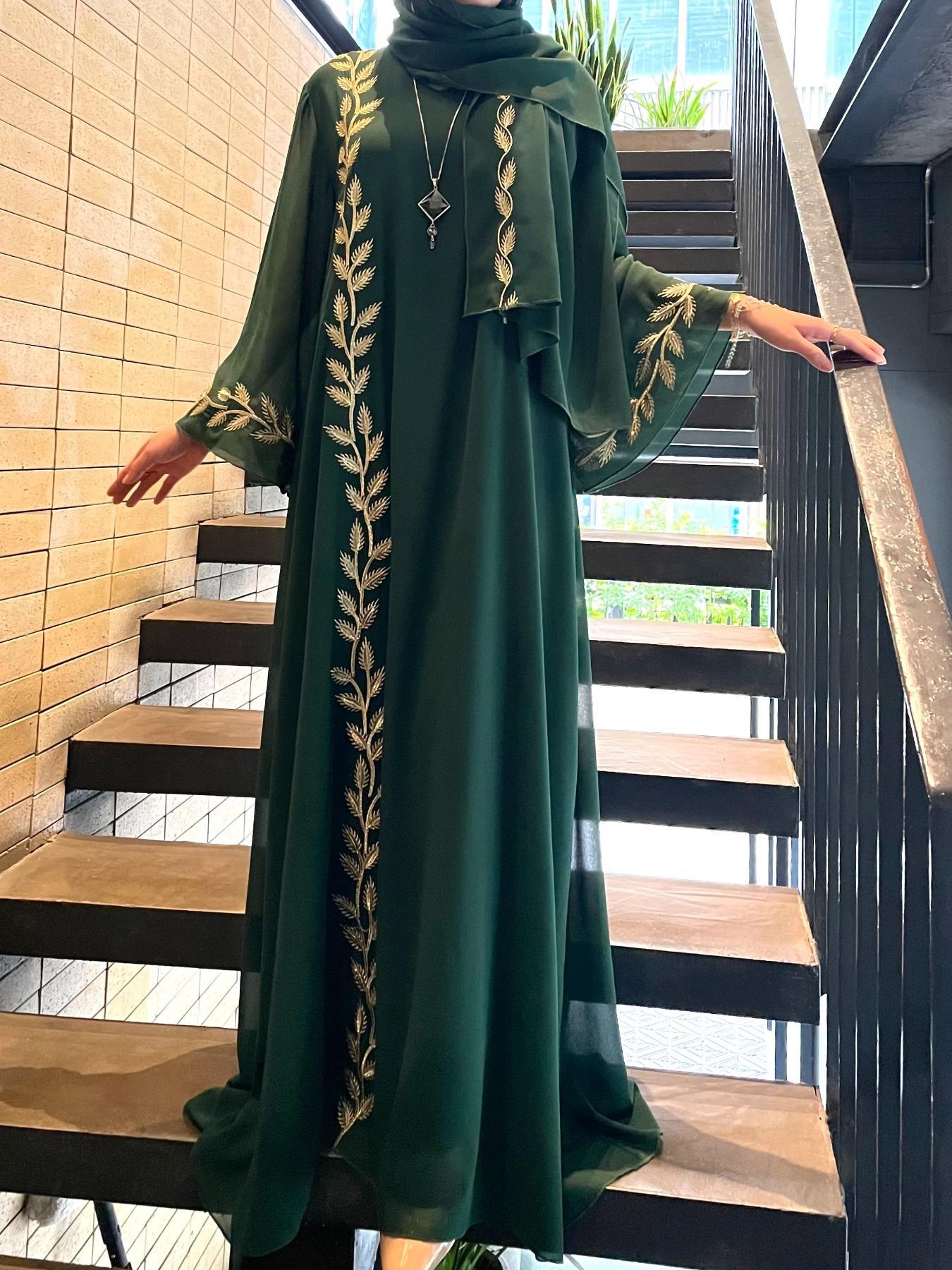 Arabic Clothing-Leaf Embroidered Bell Sleeve Chiffon Maxi Arabian Dress with Hijab, Elegant Long Kaftan Dresses Loose Abayas, Muslim Dress Islamic Clothes