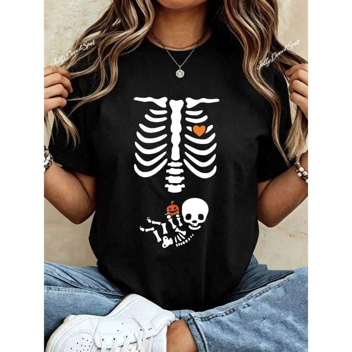 Halloween Skeleton Ribcage Heart Pumpkin Baby Skull Graphic T-Shirt Women Fun Bone Print Top Holiday Party Costume Shirt