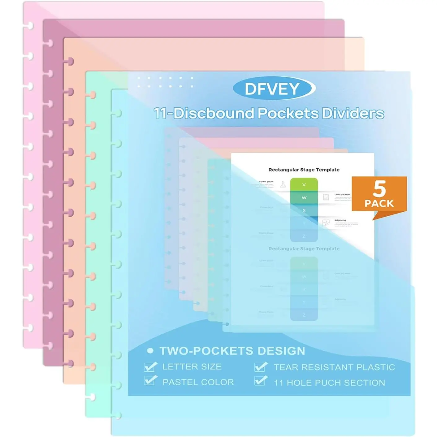 8.5 X11 Discbound 2 Pocket Dividers Letter Size Paper Plastic 5 Pack | Discbound Notebook Planner Disc Binder Dividers for Office  School (5Pack)